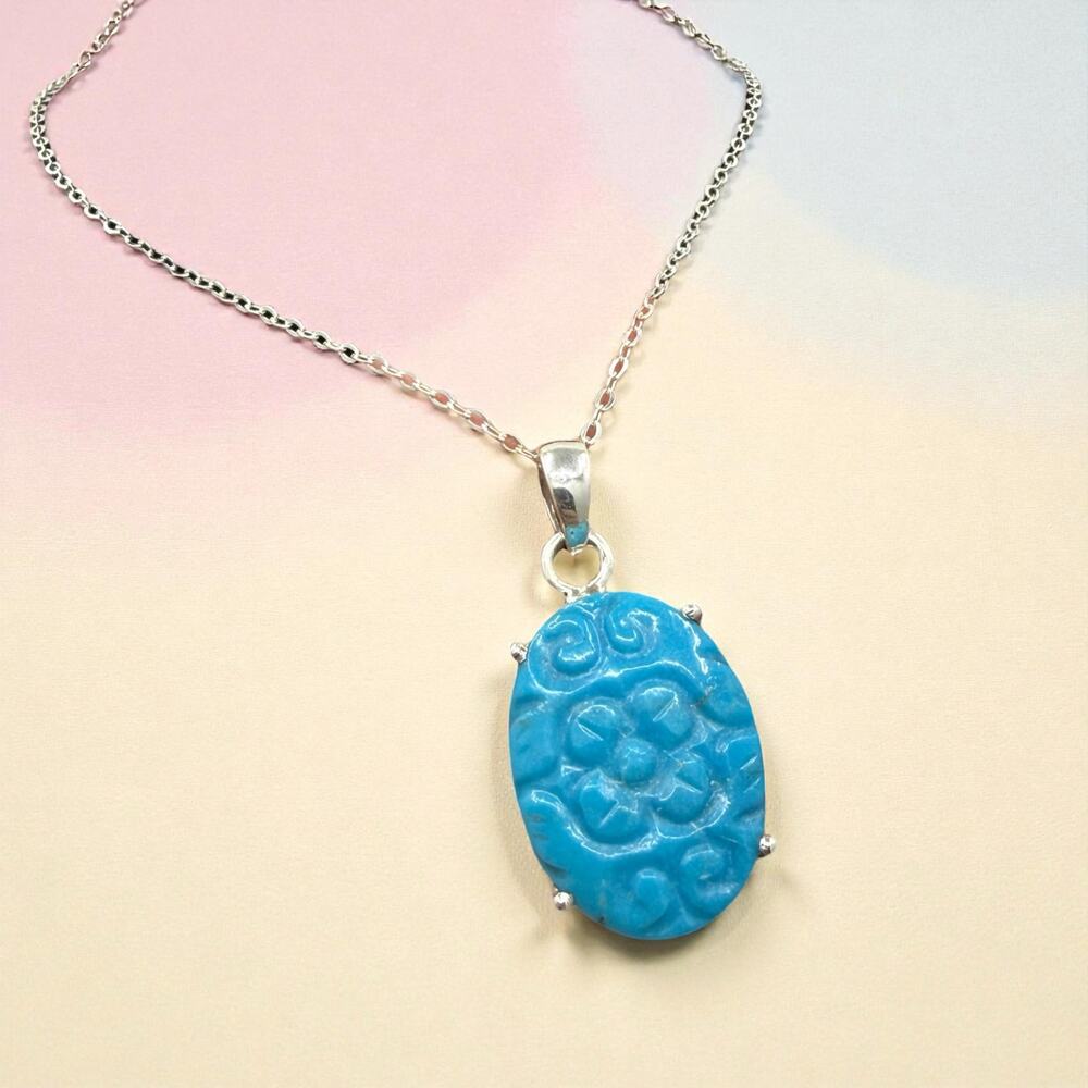 Turquoise Pendant Necklace Carved Flower 925 Sterling Silver Artisan